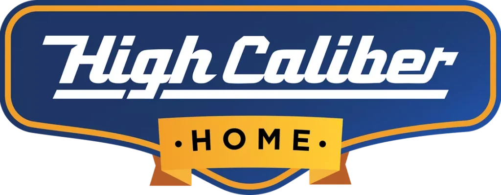 High Caliber Home logo with white text on a blue background and a yellow ribbon at the bottom displaying the word "Home.