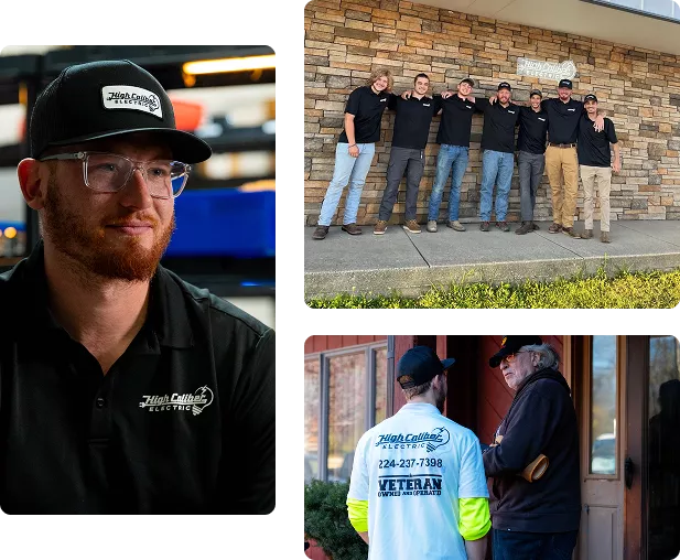 A man in a "High Caliber Electric" shirt and hat, a group of men posing outside, and two men talking—one in a "Veteran" branded work shirt.