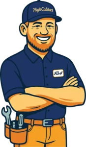 Illustration of a smiling man with a beard, wearing a "HighCaliber" cap and a work shirt labeled "Rob," with tools in his belt and arms crossed.