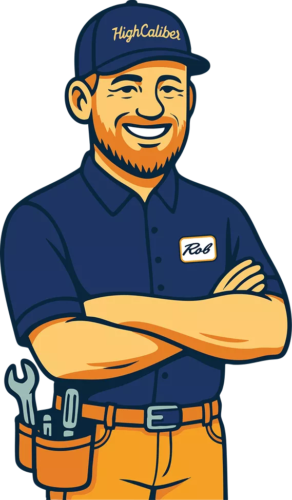 Illustration of a smiling man with a beard, wearing a "HighCaliber" cap and a work shirt labeled "Rob," with tools in his belt and arms crossed.