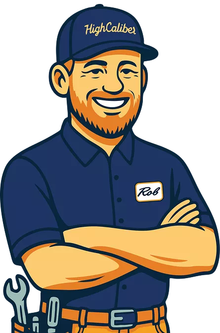 Illustration of a smiling man with a beard, wearing a "HighCaliber" cap, a shirt with a "Rob" name tag, and a tool belt with tools. His arms are crossed.