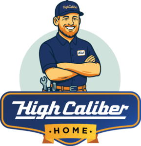 Illustration of a smiling handyman with a beard, wearing a "High Caliber" cap and shirt with a "Rob" name tag, standing behind a "High Caliber Home" sign with a wrench in his belt.